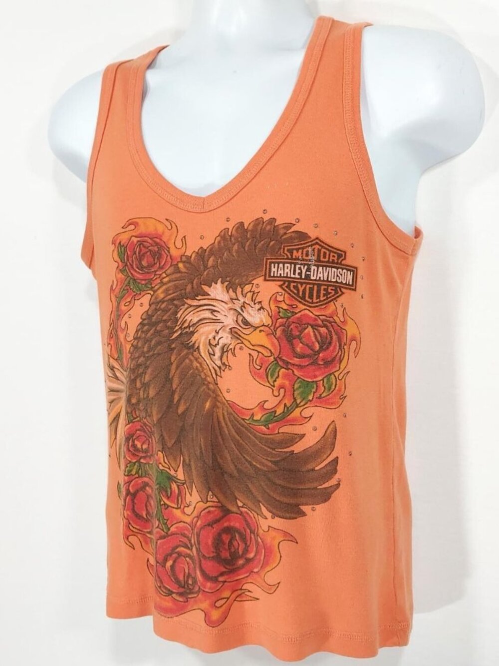 Vtg Y2k Harley Davidson Women's Bedazzled Orange Tank Top Eagle Flame Roses Sz M - Picture 4 of 8
